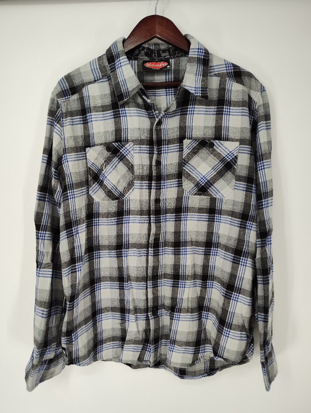 Mambo Mens Blue/Black/White Plaid Flannel Button Down Shirt Size Large